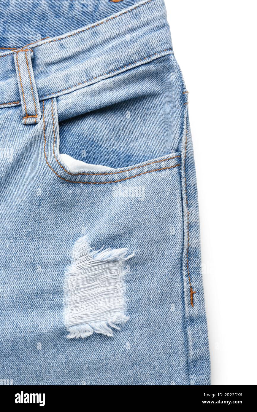 Stylish blue denim jeans on white background Stock Photo Alamy