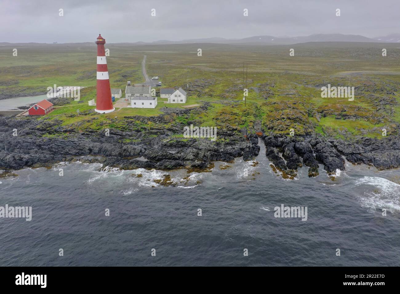 lighthouse Slettnes fyr, aerial view, Norway Stock Photo