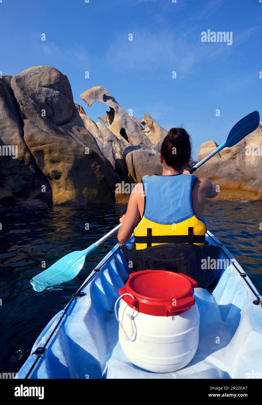 sea kayak along the coast near Campomoro village in the bay of Valinco, France, Corsica, Propriano Stock Photo