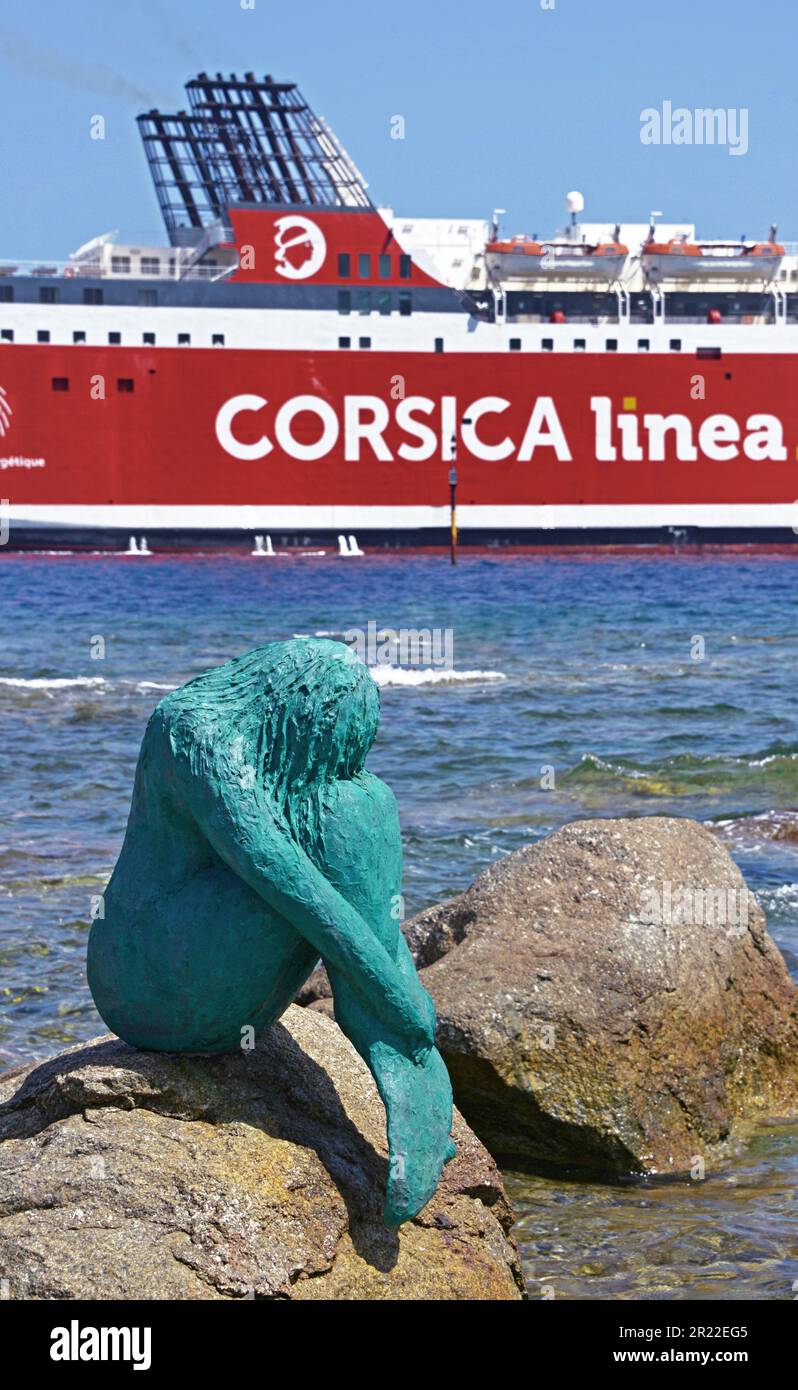 Mermaid statue on rock by the port of Ile Rousse in the Balagne region of Corsica, France, Corsica, Ile Rousse, Balagne Stock Photo