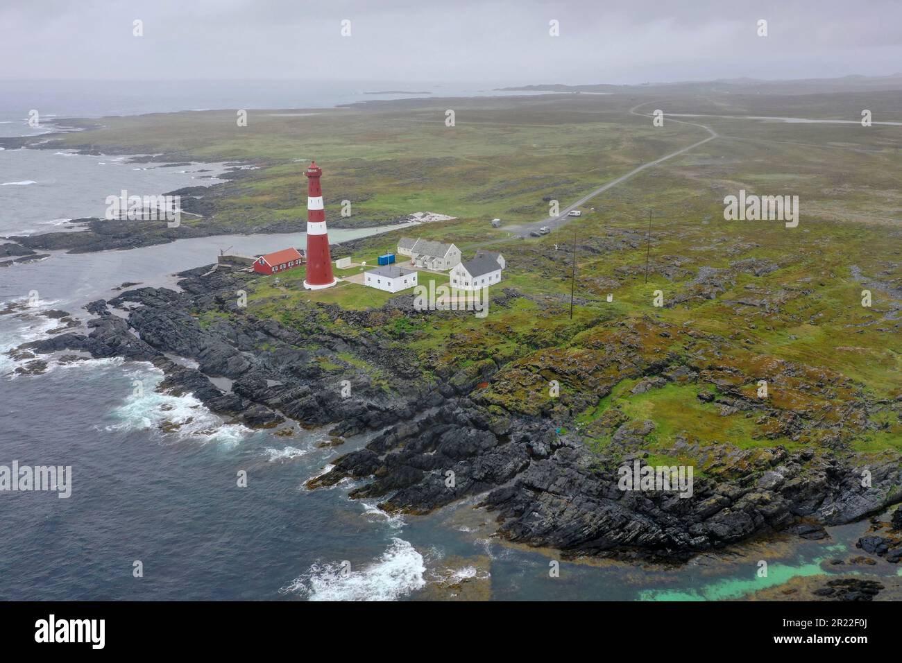 lighthouse Slettnes fyr, aerial view, Norway Stock Photo