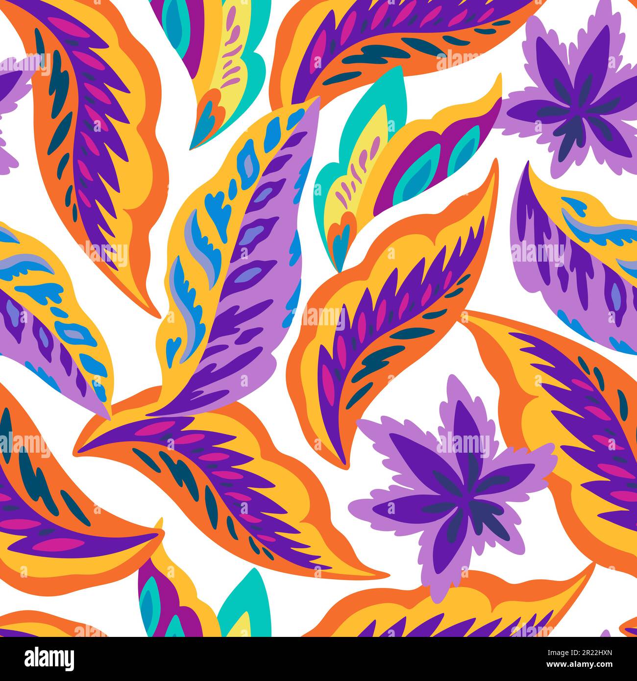 Colorful ornamental seamless pattern with simple abstract organic floral elements. Vibrant psychedelic vector illustration for design Stock Vector