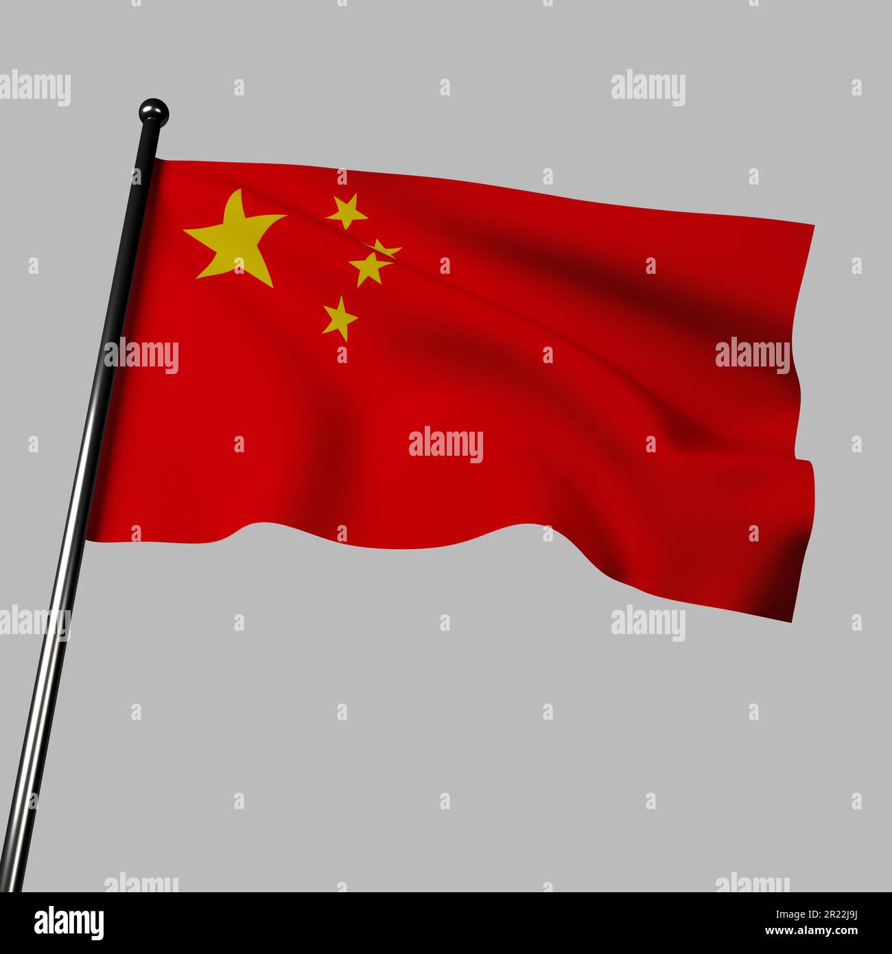 Source text China flag waving on gray background. Red with five golden stars in top left corner, arranged in five-pointed pattern. Symbolizes revoluti Stock Photo