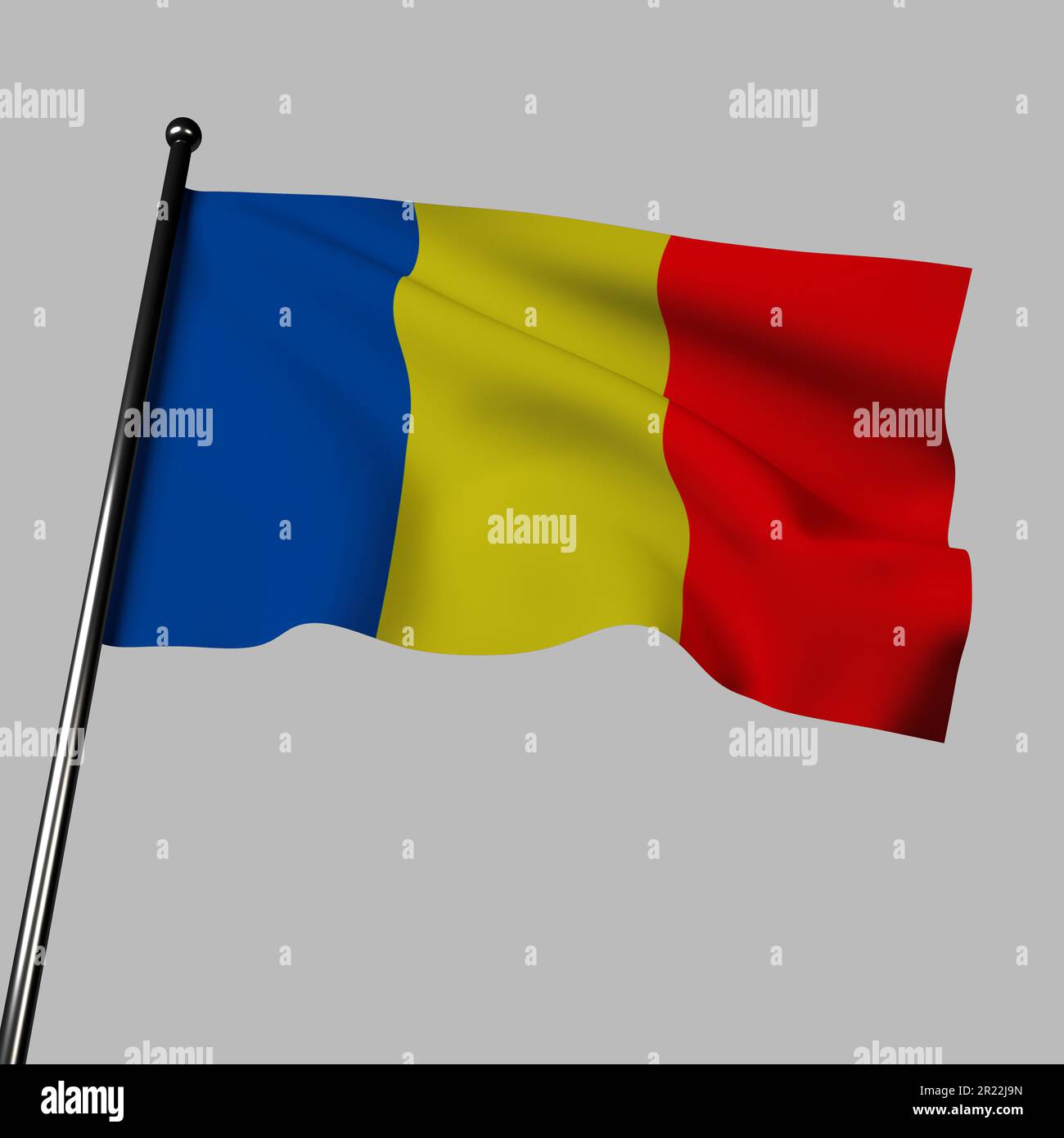 Chad flag waving on gray background. Vertical stripes of blue, gold, and red with gold star and crescent. Symbolizes sky, sun, and blood of martyrs. Stock Photo