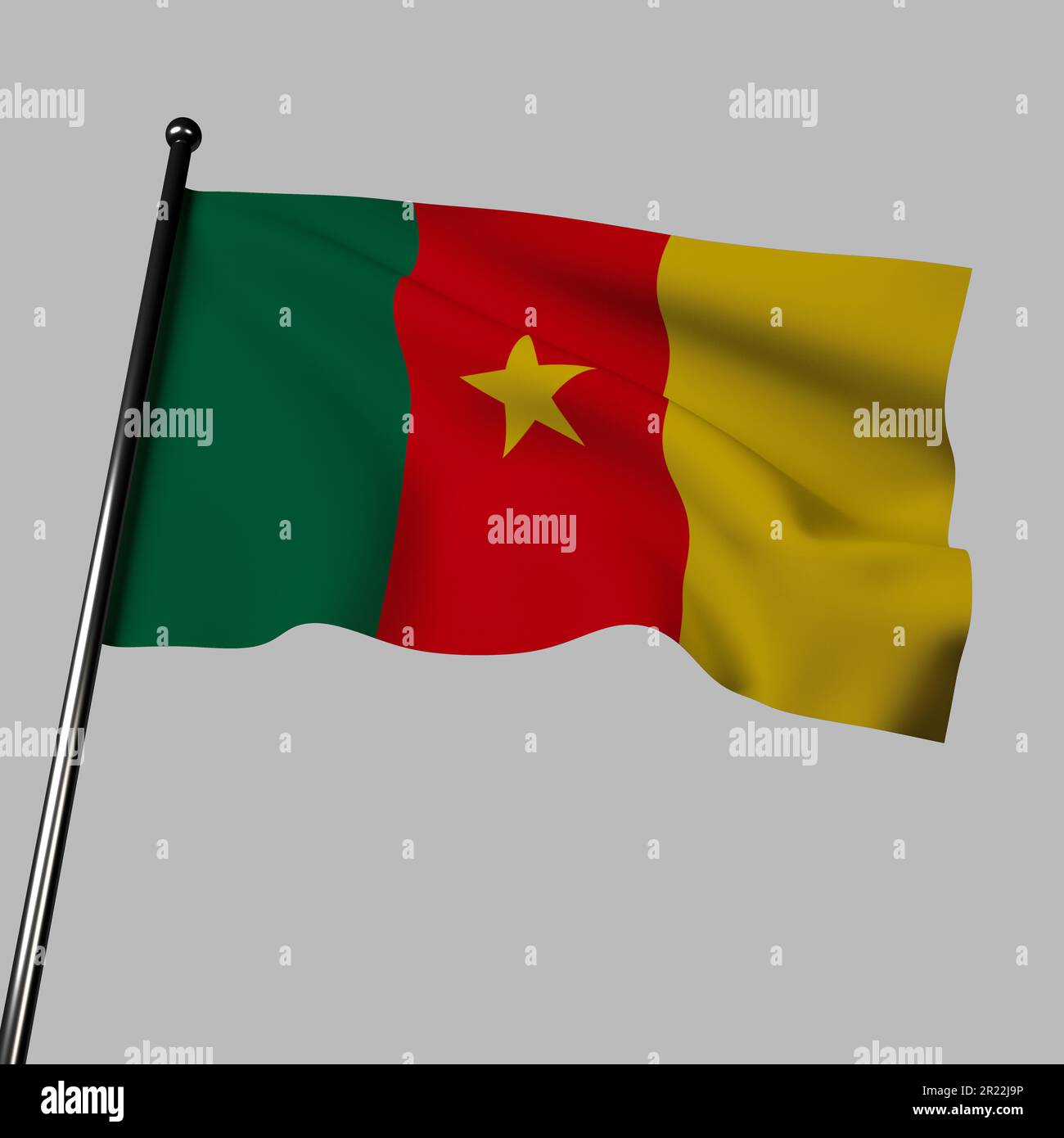 3D render of Cameroon flag on gray background. Green, red, and yellow stripes with central star symbolize unity. Central African country known for div Stock Photo