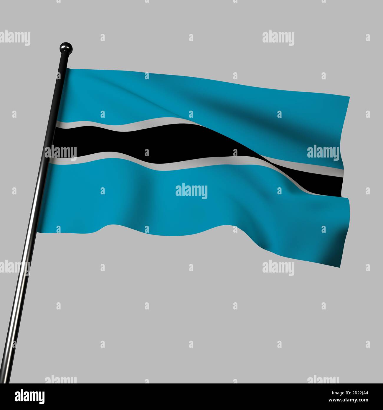 This 3D render depicts the flag of Botswana waving on a gray background. The flag features a light blue background with a black vertical stripe and a Stock Photo