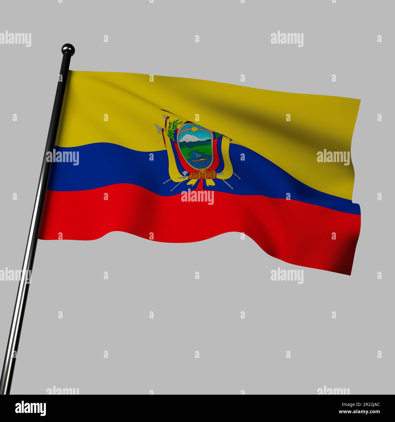 Ecuador flag 3D illustration on gray has yellow, blue, and red stripes ...