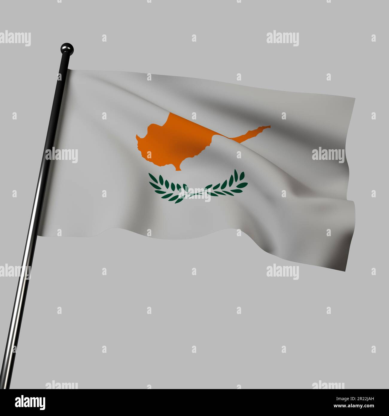 The Cyprus flag 3D rendering on gray features a white field with a copper-colored silhouette of the island and two olive branches. The colors symboliz Stock Photo