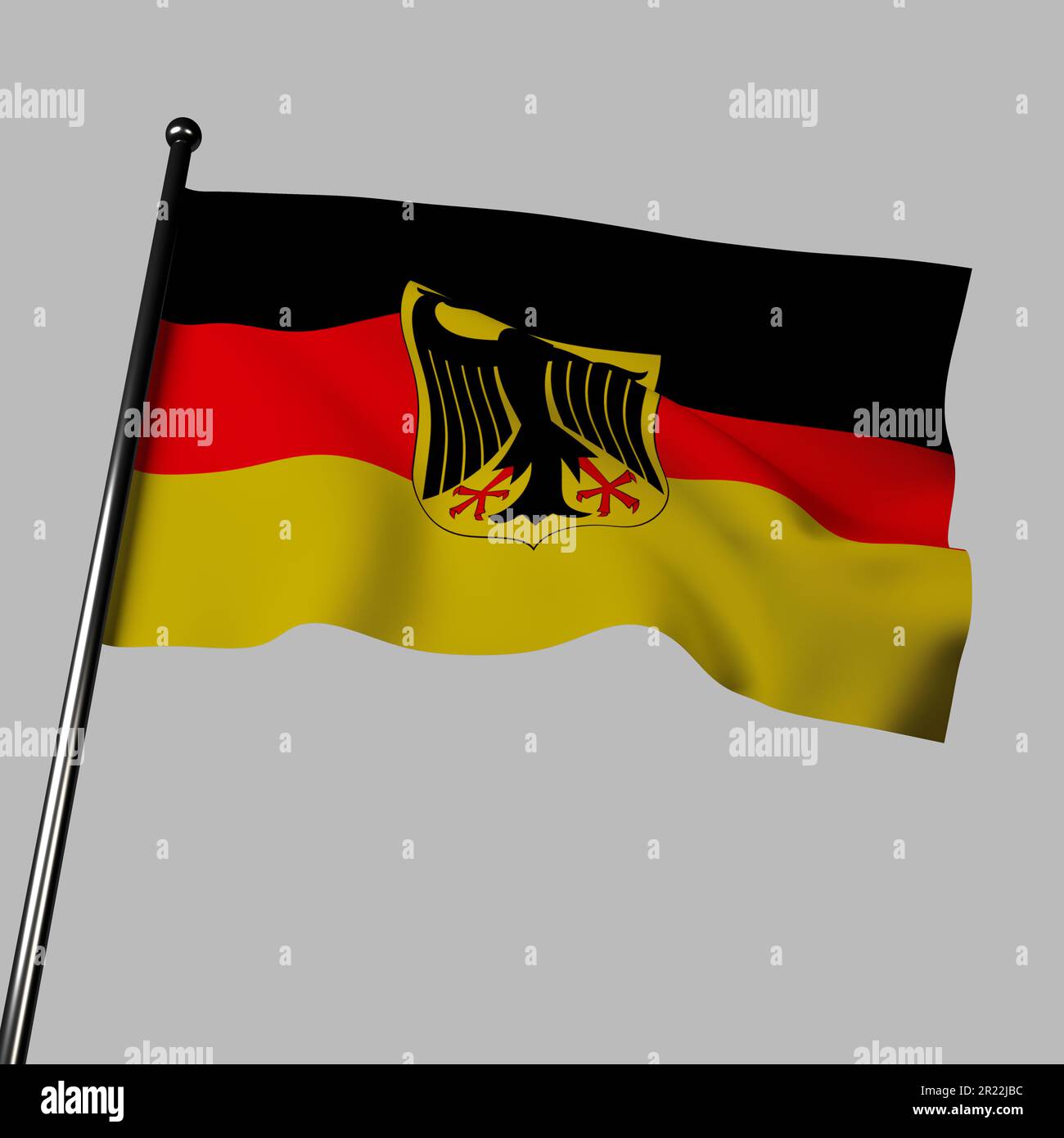 Germany flag waving in wind, on gray background. Its tricolor design features black, red, and gold stripes. The colors symbolize Germany's struggles, Stock Photo