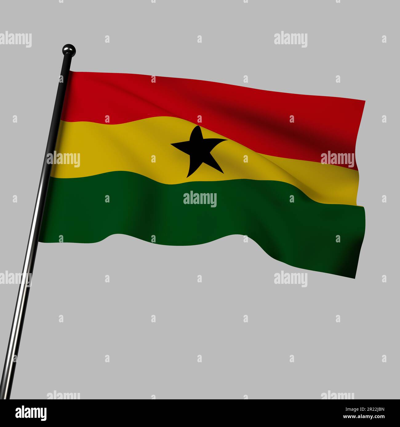 3D Ghana flag on gray background. Red, yellow, green stripes with black star in the center. Red represents blood shed for independence, yellow symboli Stock Photo