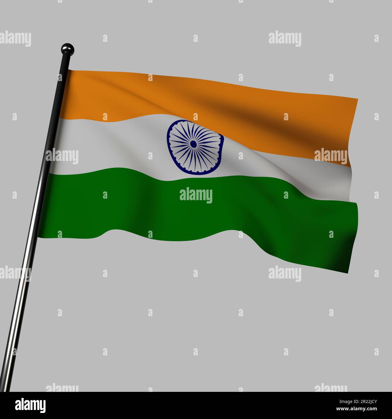 The Indian flag waves in the wind against a gray background. This 3D