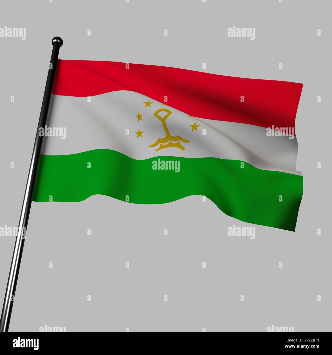 Illustration of Tajikistan's flag waving in the wind, isolated on a gray background. The flag has three horizontal stripes of red, white, and green Stock Photo