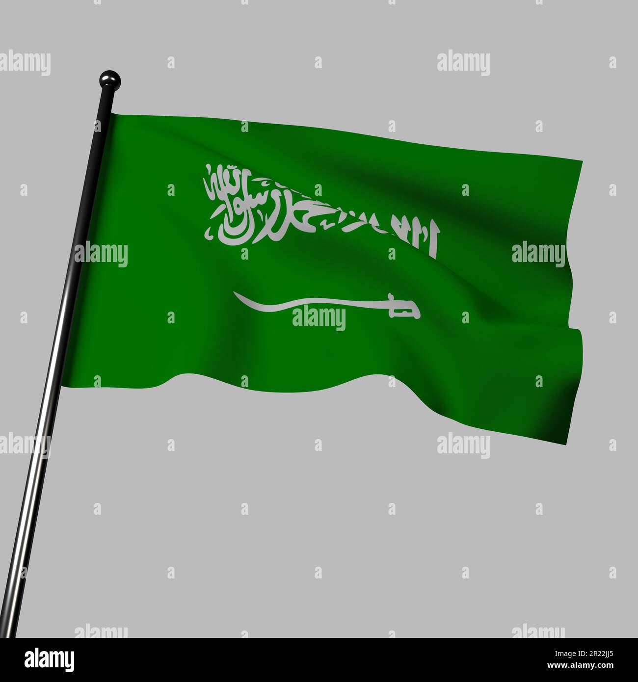3D illustration of the Saudi Arabia flag waving in the wind. The flag features a green background, symbolizing the country's prosperity and unity, wit Stock Photo