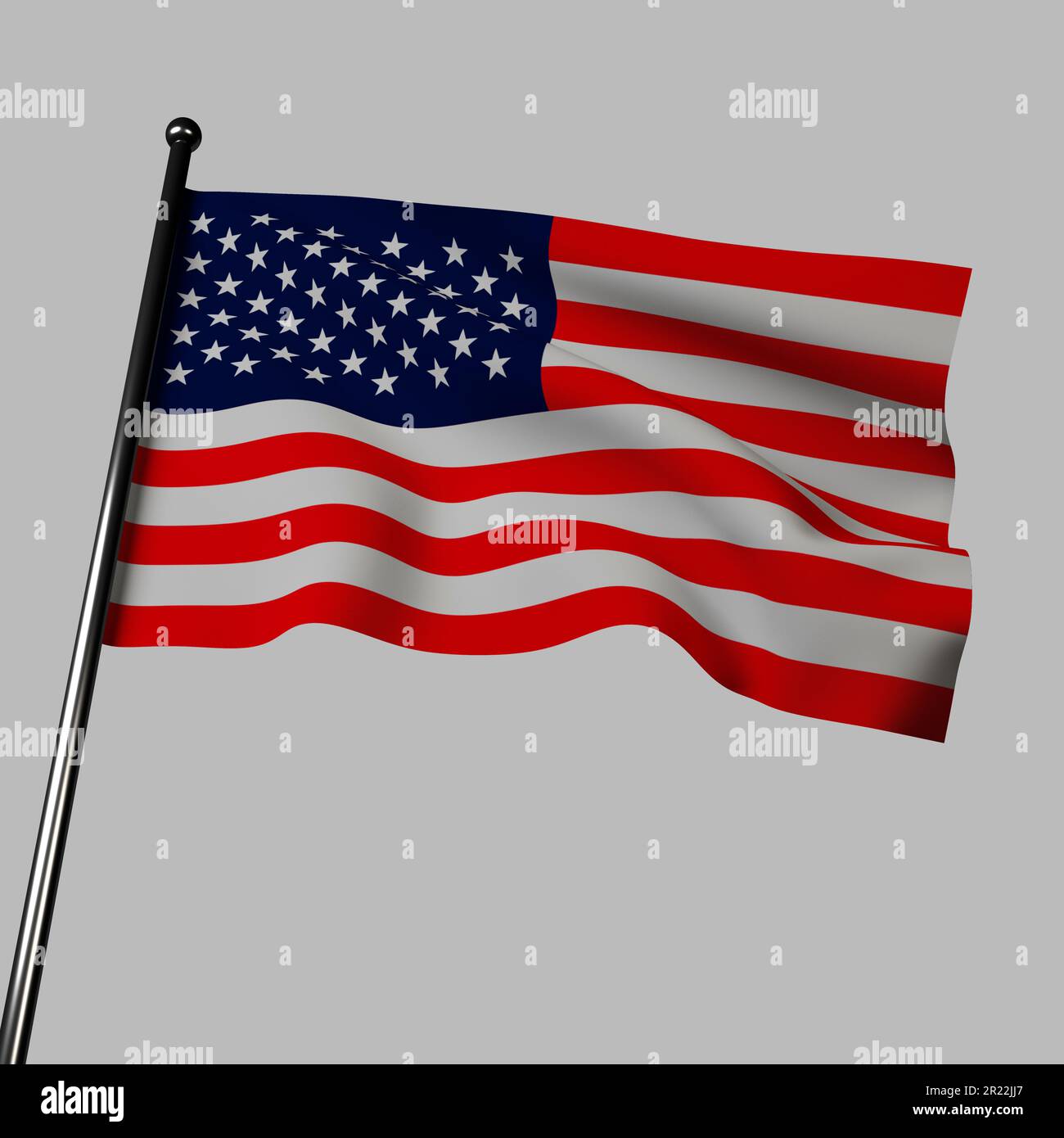 The American flag waves in 3D on gray. It has alternating red and white stripes, for valor and purity, with a blue field in the corner, representing l Stock Photo