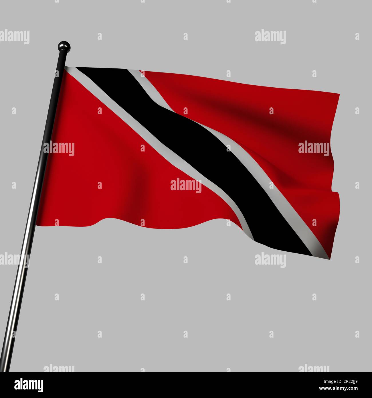 Trinidad and Tobago's flag waving in the wind, isolated on gray. The flag has horizontal bands of red, white, and black, with a white-edged black Stock Photo