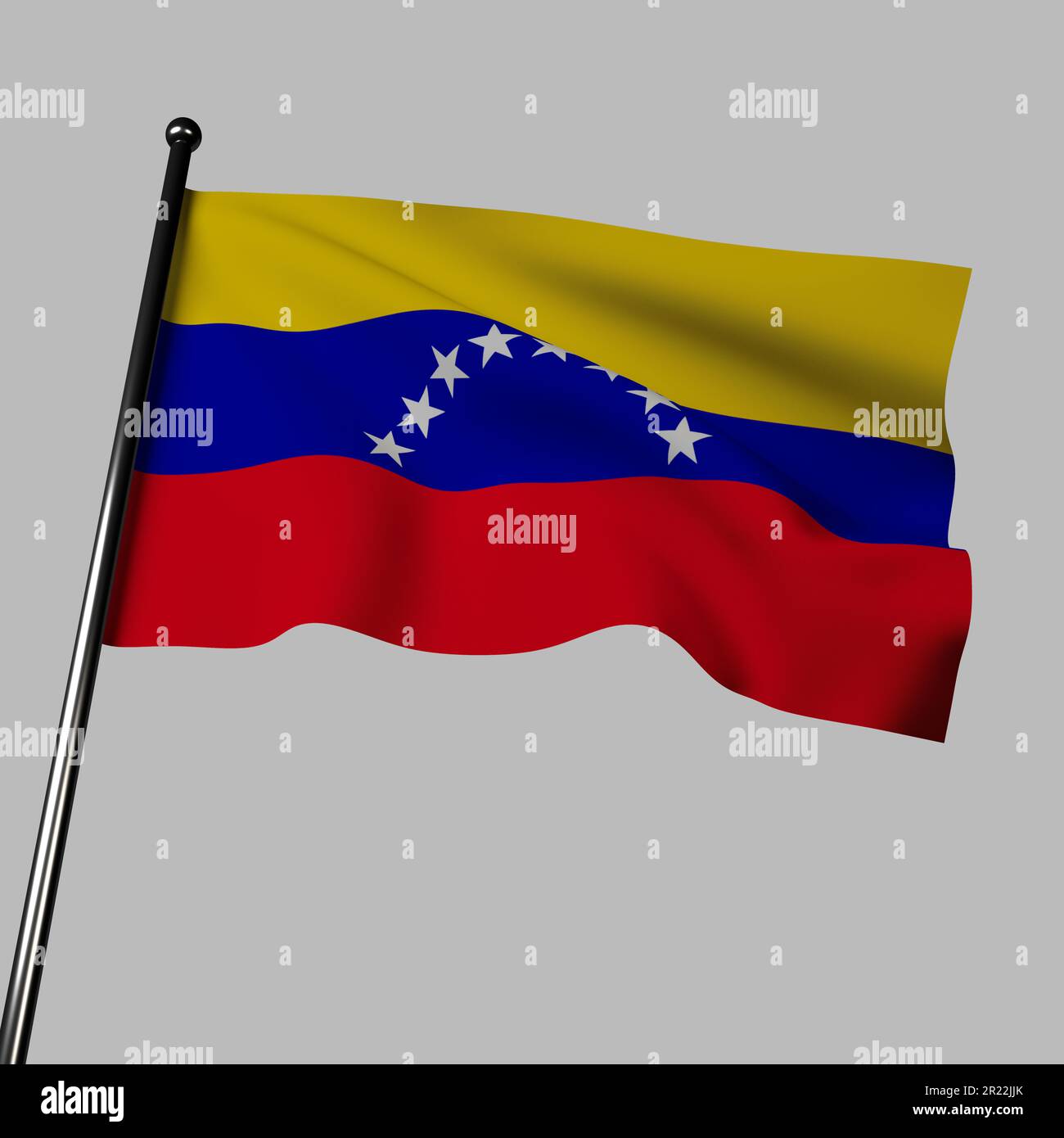 The flag of Venezuela proudly waves in 3D, against a gray background. It features horizontal bands of yellow, blue, and red Stock Photo