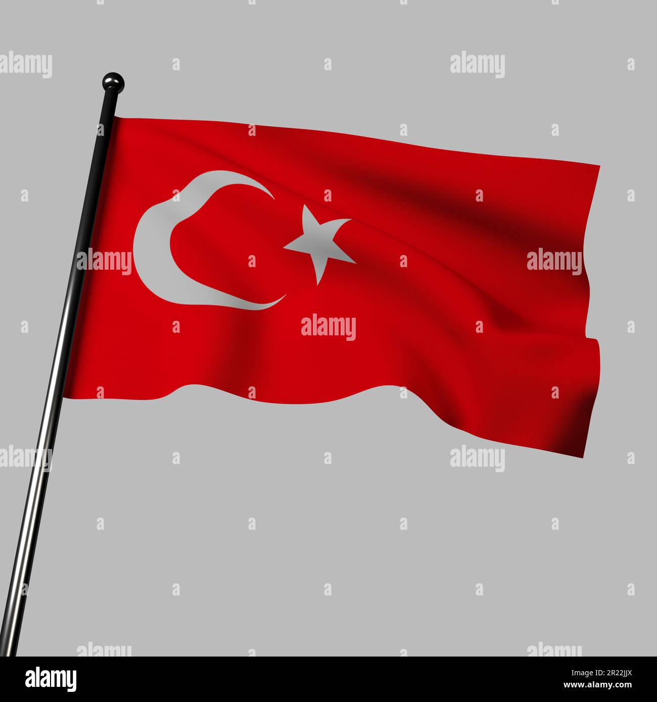 The 3D flag of Turkey proudly waves against a gray background. It features a red field with a