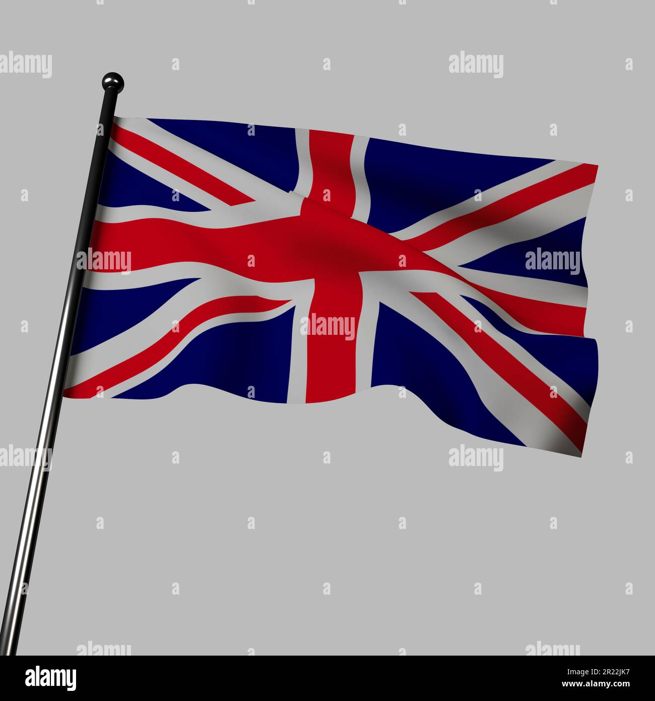 The United Kingdom's flag flies in 3D against a gray background. The