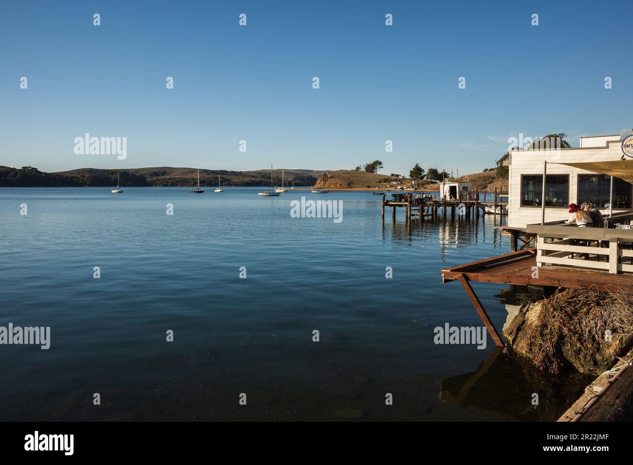 California house built on stilts in water. Location Bolinas Lagoon near San Francisco. High