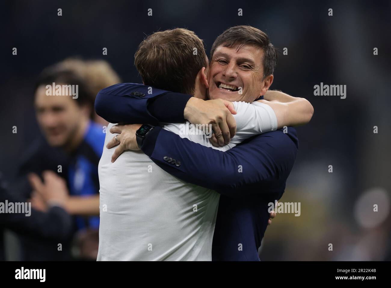 Milan, Italy. 16th May, 2023. Javier Zanetti Vice Chairman of FC Internazionale embraces Nicolo Barella of FC Internazionale as they celebrate the 1-0 victory ( 3-0 on aggregate ) with his Man of the Match award and qualification for the Final following the final whistle of the UEFA Champions League match at Giuseppe Meazza, Milan. Picture credit should read: Jonathan Moscrop/Sportimage Credit: Sportimage Ltd/Alamy Live News Stock Photo
