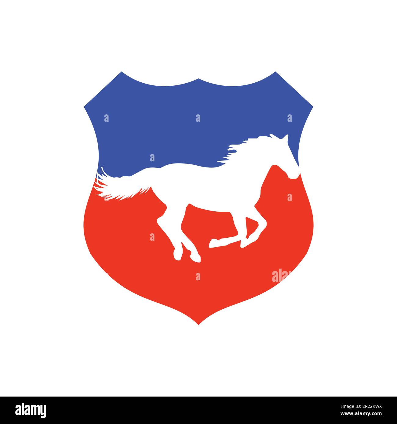 Horse running icon vector illustration inside a shape of shield blue and red color. Stock Vector