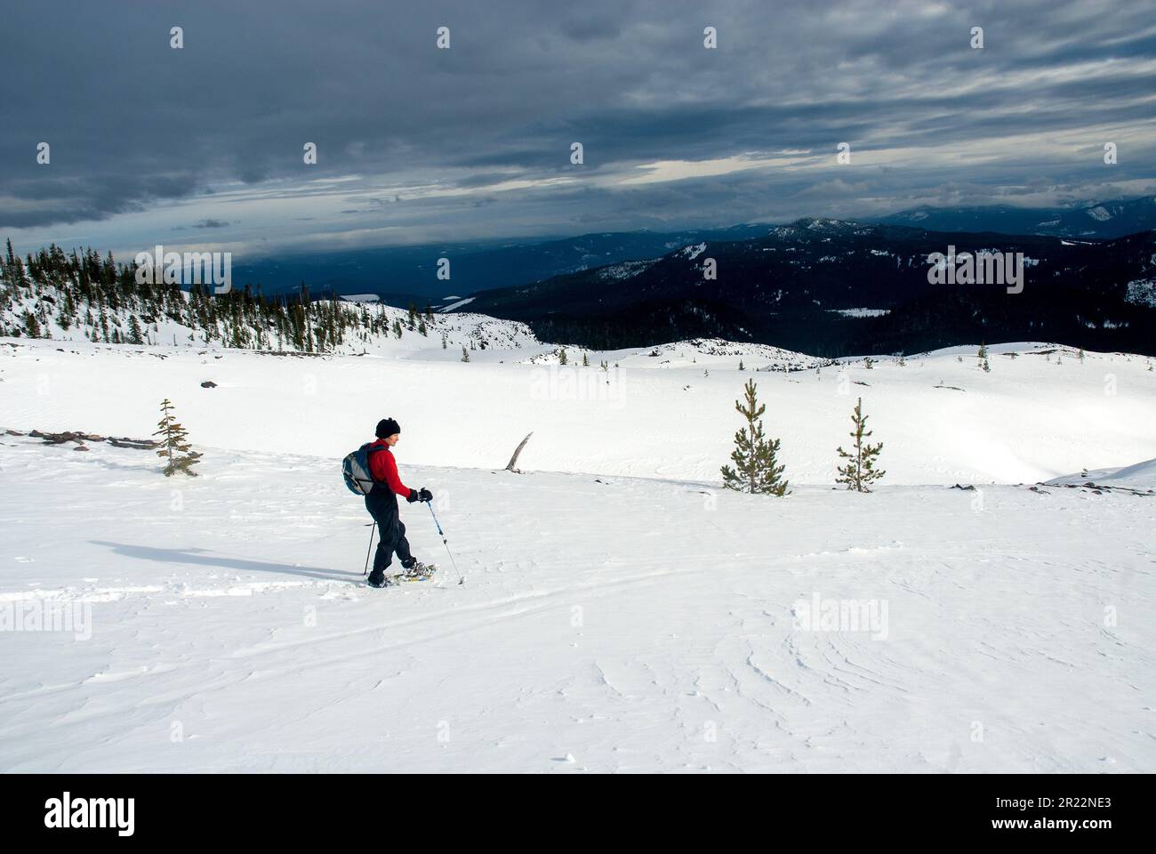 Adult woman snowshoeing on Mount Saint Helens, Washington Stock Photo