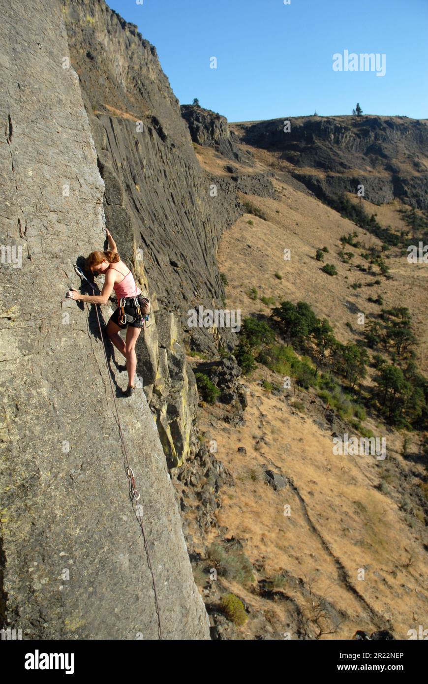 Woman rock climber in Tieton River canyon, Washington state Stock Photo