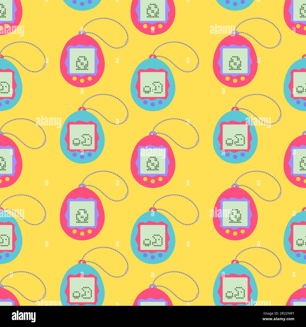 90s seamless pattern with kid pet toy on yellow background. Vector background in cartoon 80s 90s pop art comic style. Stock Vector