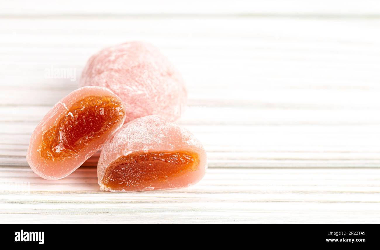 Passion Fruit Boba Mochi on a Wooden Background Stock Photo Alamy