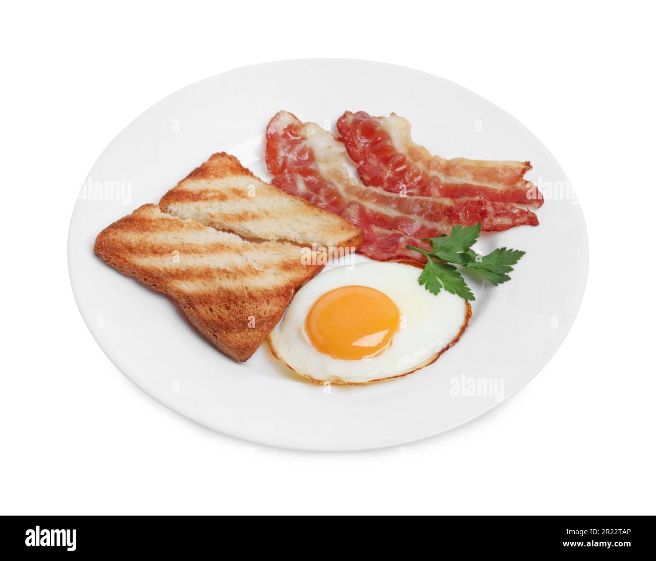 Plate with delicious fried egg, bacon and toast isolated on white Stock ...
