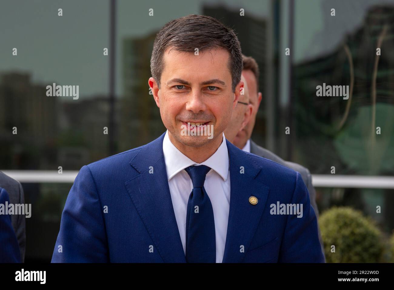 Detroit, Michigan, USA. 16th May, 2023. The United States and Canada announced plans for a binational electric vehicle corridor, with DC fast charging stations every 50 miles from Kalamazoo, Michigan to Quebec City, Quebec. U.S. Transportation Secretary Pete Buttigieg arrives at the event. Credit: Jim West/Alamy Live News Stock Photo
