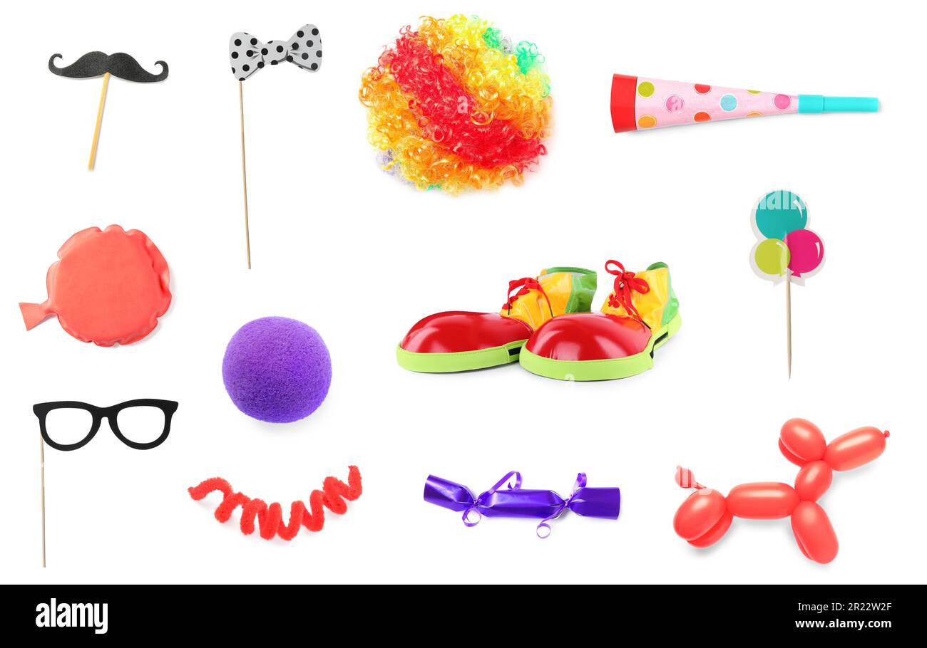 Set with different clown's accessories on white background Stock Photo