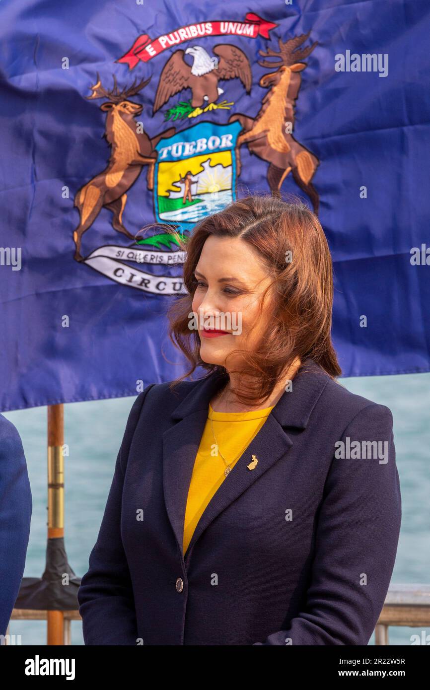 Detroit, Michigan, USA. 16th May, 2023. The United States and Canada announced plans for a binational electric vehicle corridor, with DC fast charging stations every 50 miles from Kalamazoo, Michigan to Quebec City, Quebec. Michigan Governor Gretchen Whitmer waits to speak at the event. Credit: Jim West/Alamy Live News Stock Photo