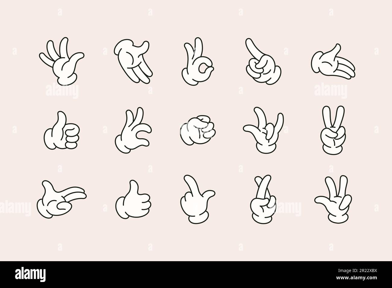 Retro Cartoon Hands Set in Different Gestures Showing Ok Sign, Pointing Fingers, Thumb Up, Rock sign, High Five. Vector Comic Arms in Gloves in 1930 S Stock Vector