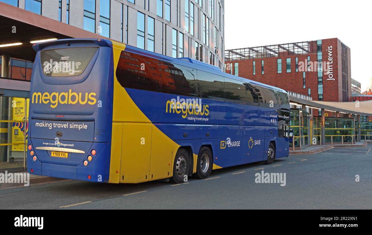 Megabus service - Making Travel Simple, in Liverpool One bus station, next to John Lewis, Merseyside, England, UK, Stock Photo