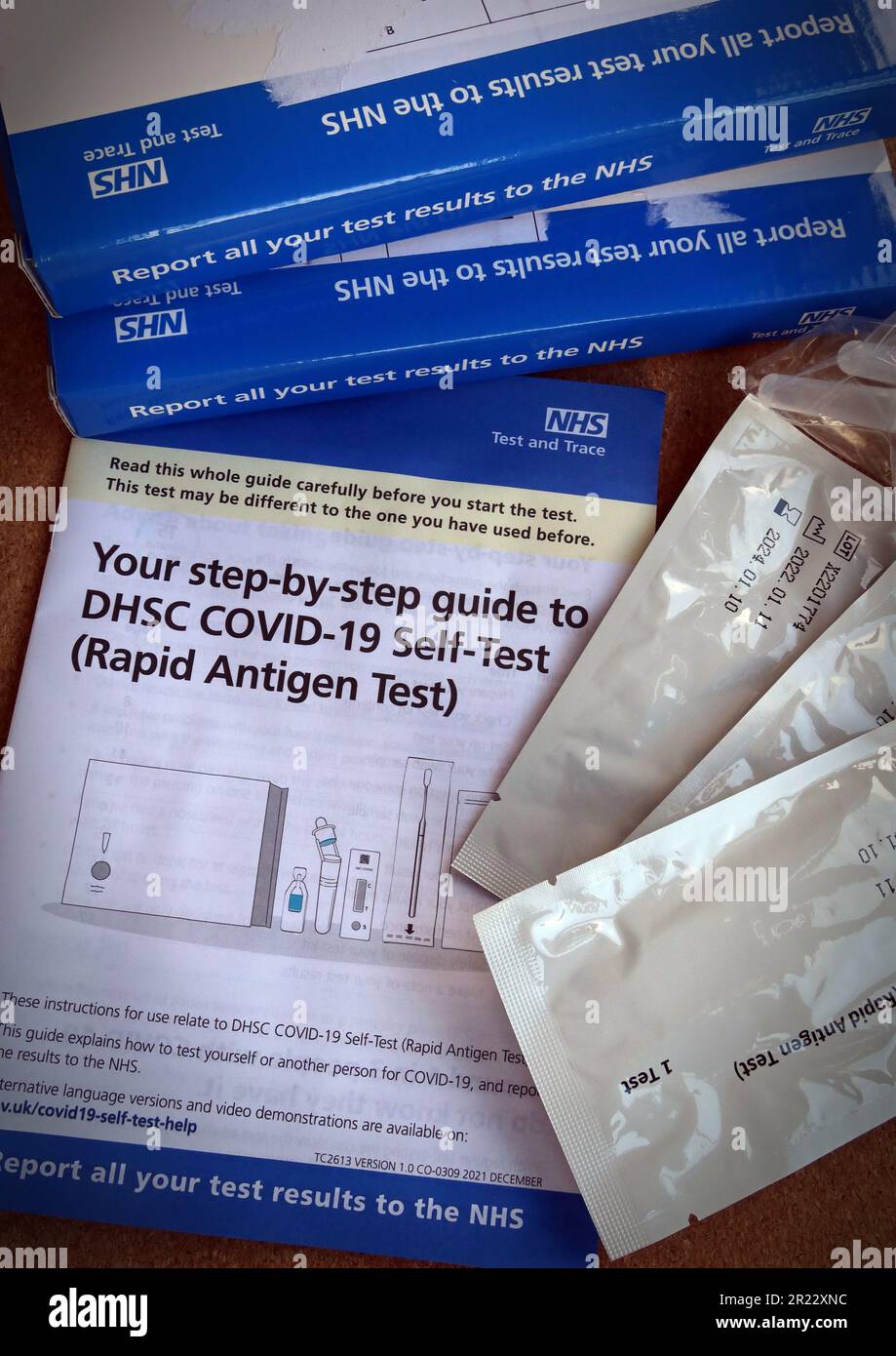 Blue boxes of NHS Test & Trace Covid-19 self-test (Rapid Antigen Test), Cheshire, England, UK, WA4 Stock Photo