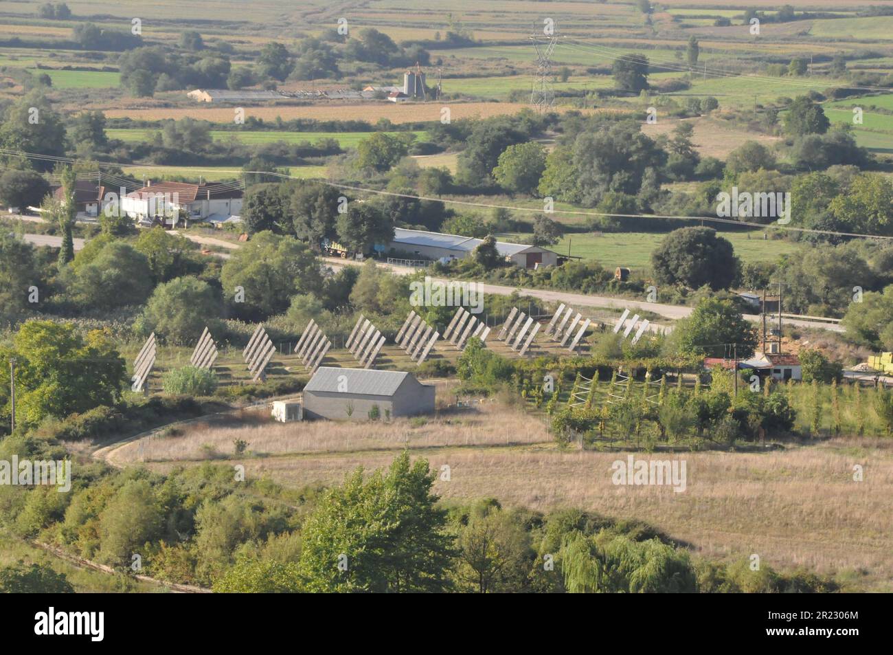 Solar panel array installation in rural Greece Stock Photo