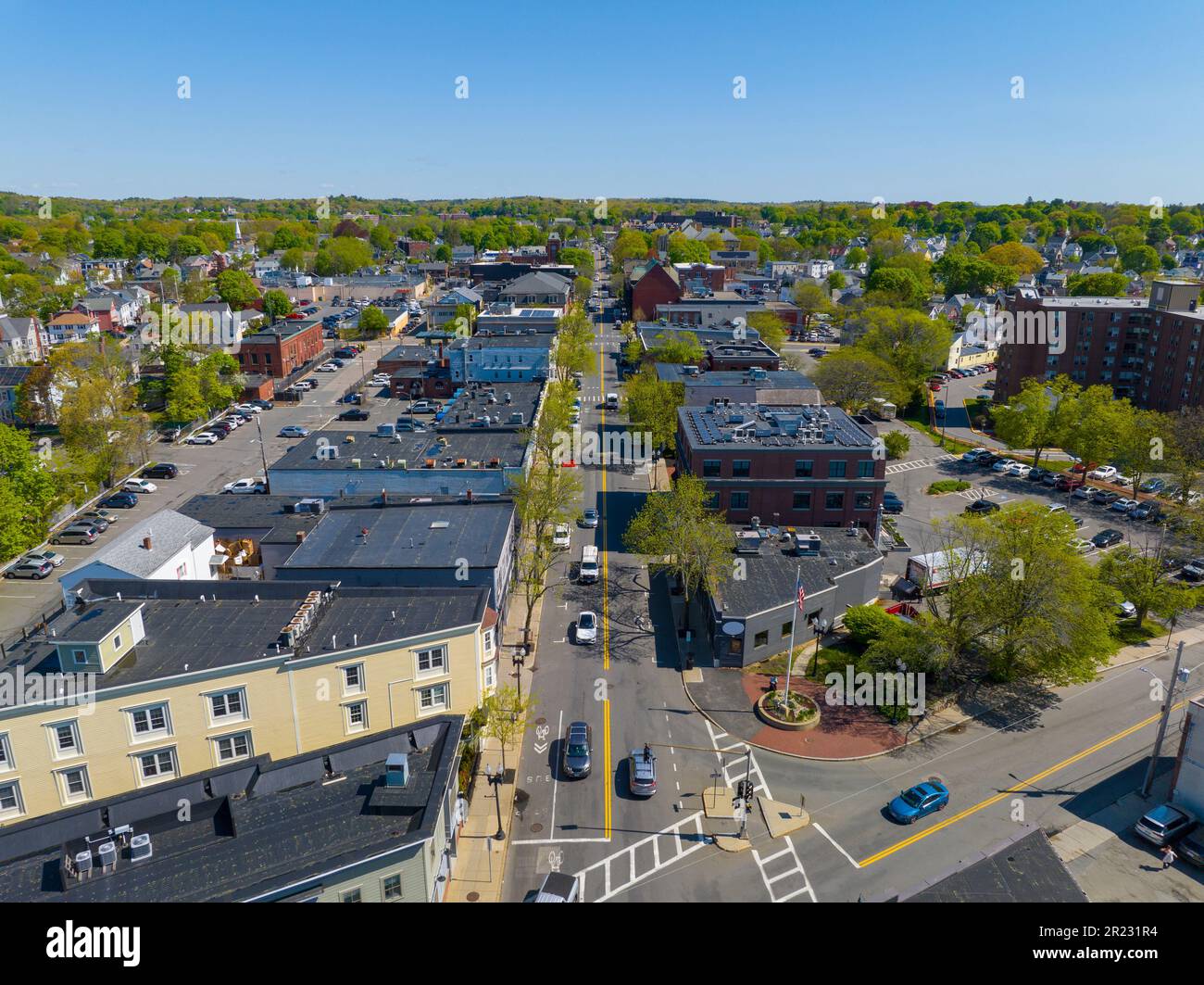 Historic commercial buildings aerial view on Main Street in historic