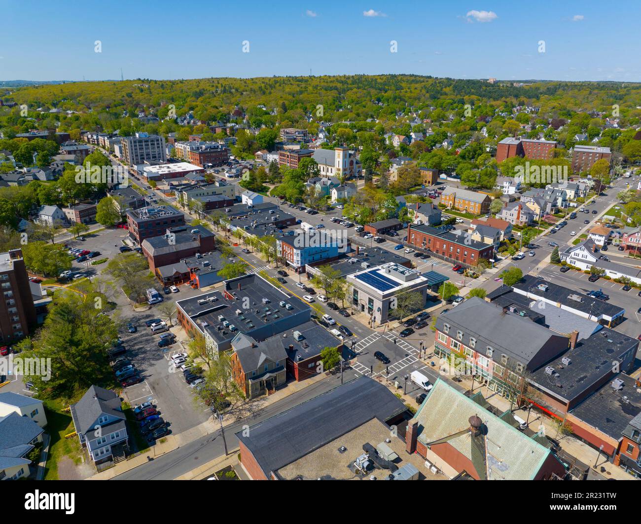 Historic commercial buildings aerial view on Main Street in historic