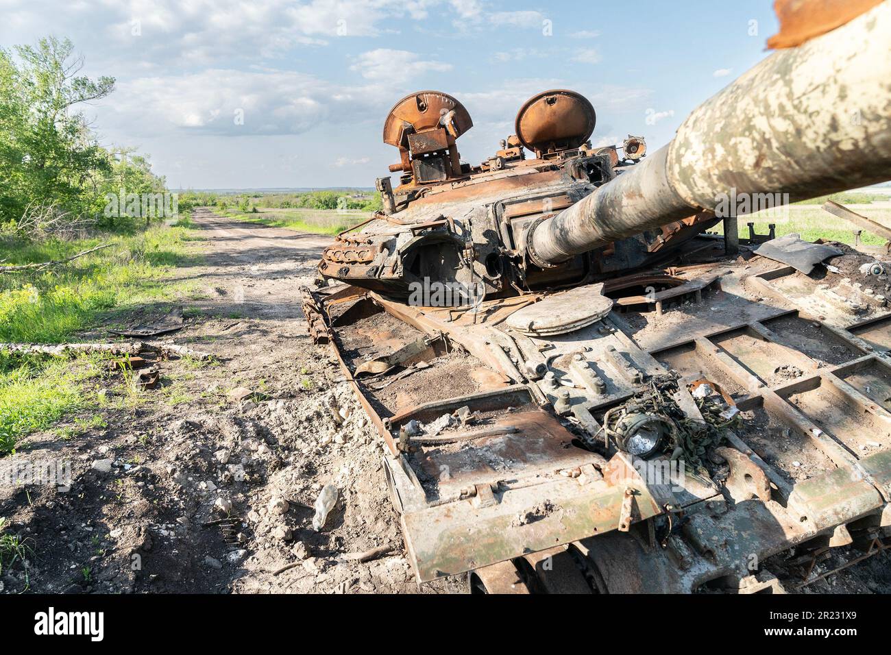 One of destroyed T-80 tanks by Ukrainian forces during battle to