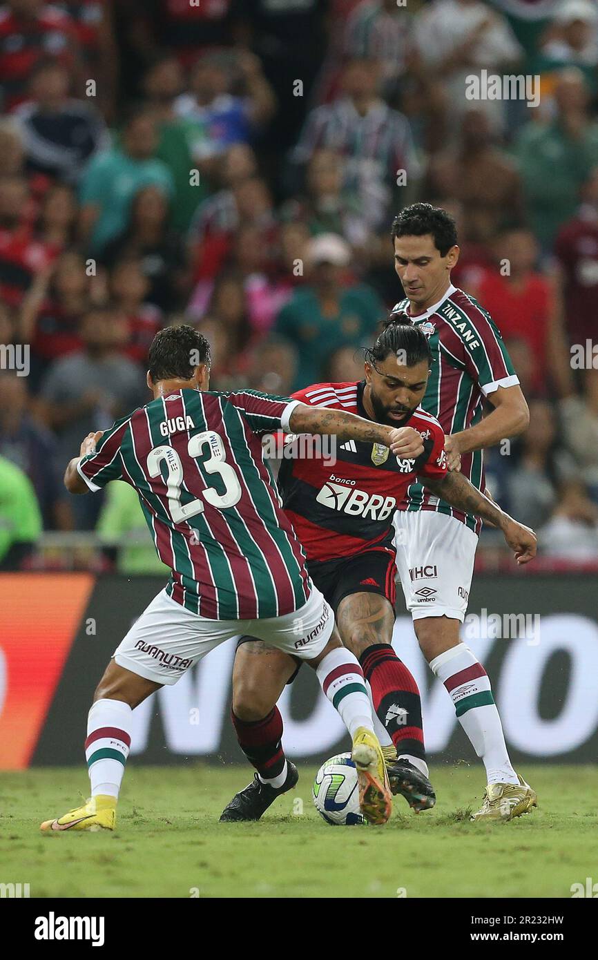 Rio De Janeiro, Brazil. 16th May, 2023. Maracana Stadium Guga and Paulo Henrique Ganso of Fluminense dispute the bid with Gabriel Barbosa of Flamengo, during the match between Fluminense and Flamengo, for the round of 16 of the Copa do Brasil 2023, at Estadio do Maracana, this Tuesday, 16. 30761 (Daniel Castelo Branco/SPP) Credit: SPP Sport Press Photo. /Alamy Live News Stock Photo
