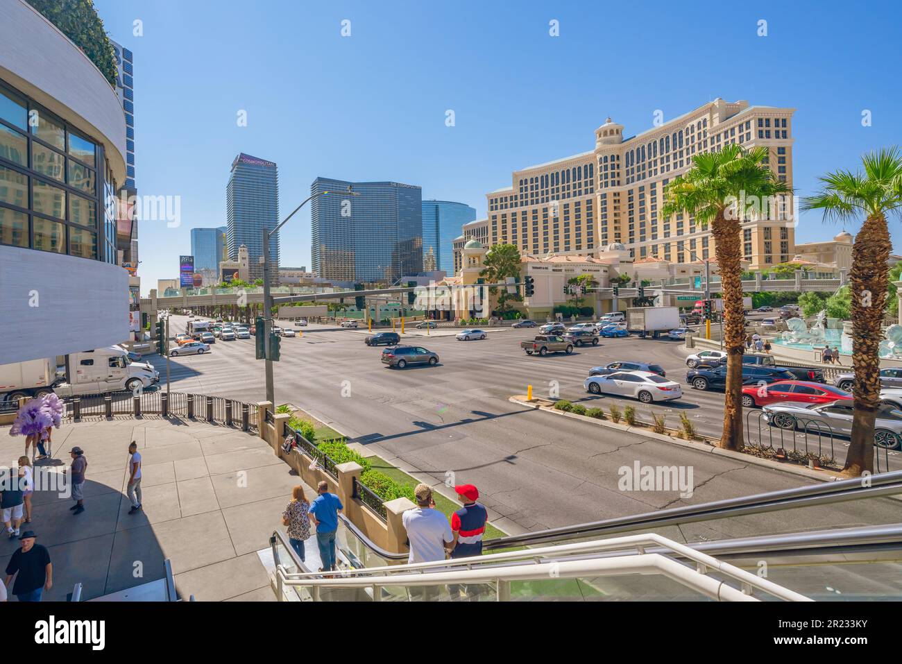 Las Vegas, Nevada, USA - October 1, 2021   Caesars Palace and Bellagio Hotel and Casino in Las Vegas Strip. Street view, architecture, people, sunny d Stock Photo