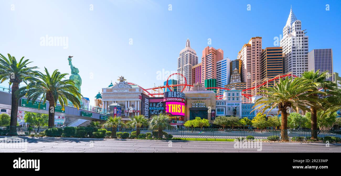 Las Vegas, Nevada, USA - October 1, 2021   New York-New York Hotel and Casino in the center of Las Vegas Strip. Architecture, street view, bright blue Stock Photo