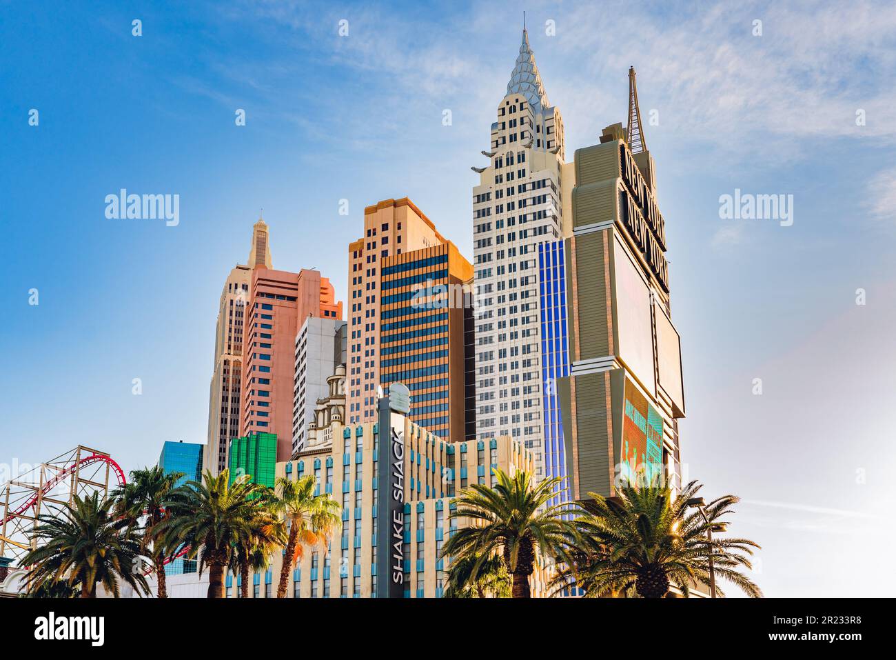 Las Vegas, Nevada, USA - May 4, 2022.  New York-New York Hotel and Casino in the center of Las Vegas Strip. Architecture, people, street view Stock Photo