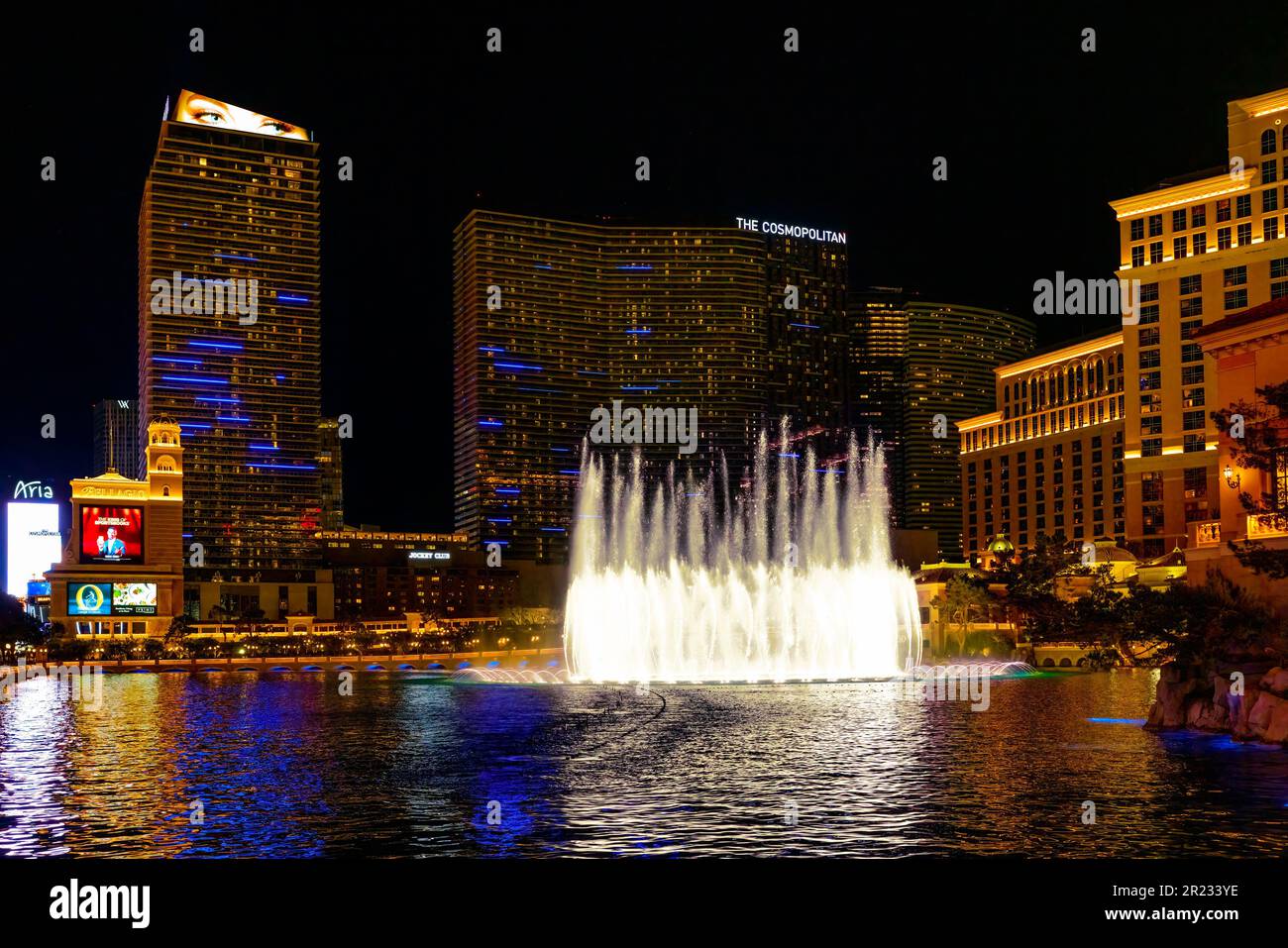 Las Vegas, Nevada, USA - May 4, 2022.  Las Vegas Strip at night. Street view, hotels, traffic, city life. Las Vegas Bellagio Hotel and Caesars Palace, Stock Photo