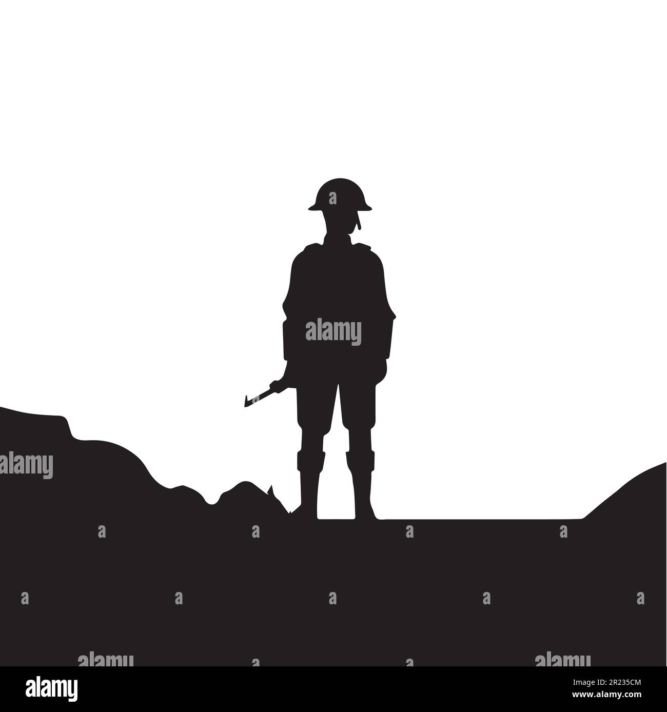 A silhouette of a soldier standing on a hill with a white background. Stock Vector