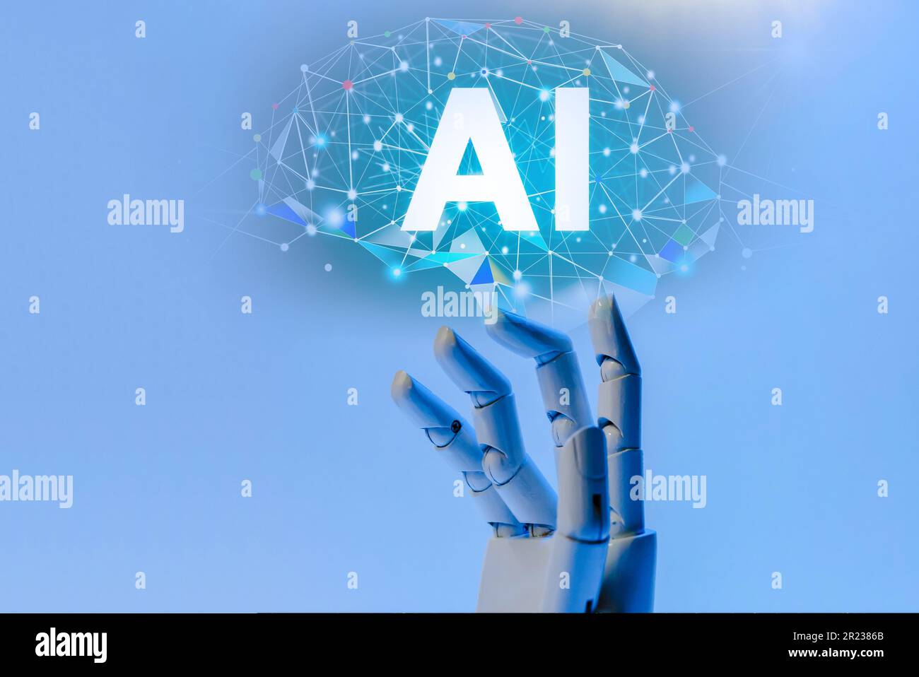 robot ai with hand robot on AI brain intelligent technology digital graphic design black background, AI machine learning hands of robot science and ar Stock Photo