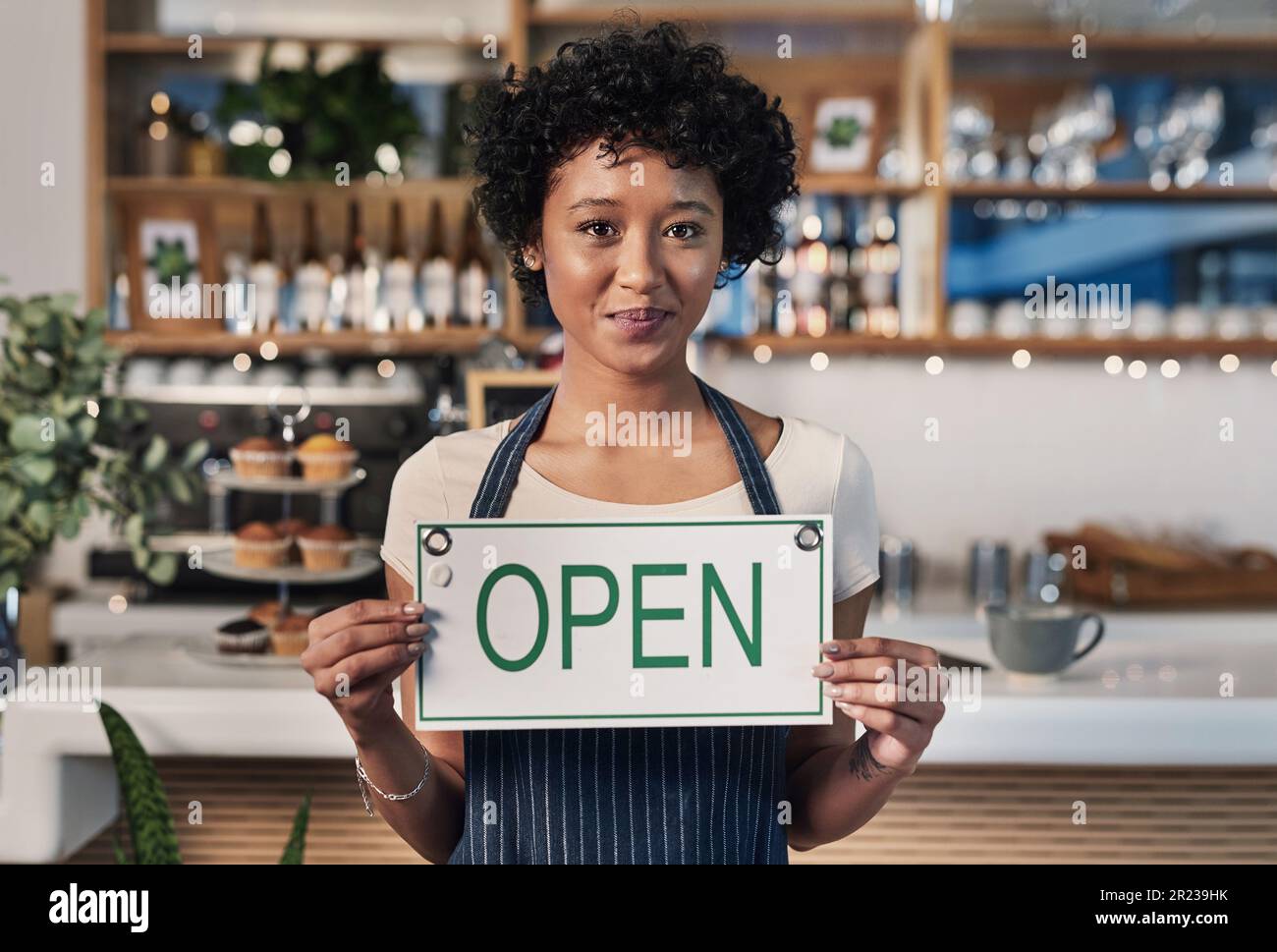 Woman, open sign and portrait in cafe of small business owner or waitress for morning or ready to serve. Female person or restaurant server holding Stock Photo