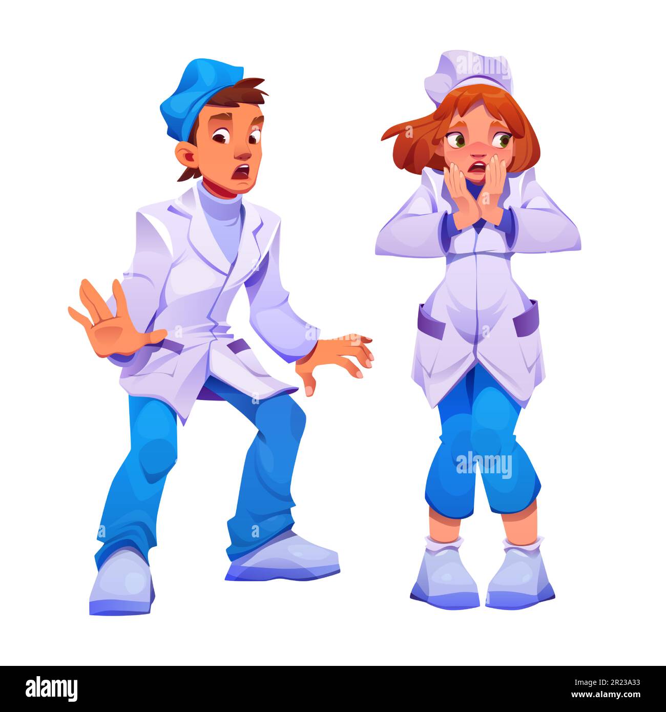 Scared doctor vector set. Medic man worker fear at work. Cartoon physician character clipart illustration. Medical staff male and female in uniform. Isolated healthcare profession therapist in cap Stock Vector