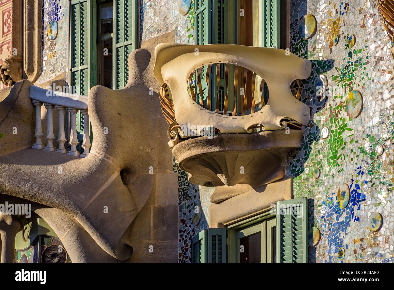 Balcony of the facade of the Casa Batlló in a shape of a barn owl skull designed by Antoni Gaudí (Barcelona, Catalonia, Spain) Stock Photo